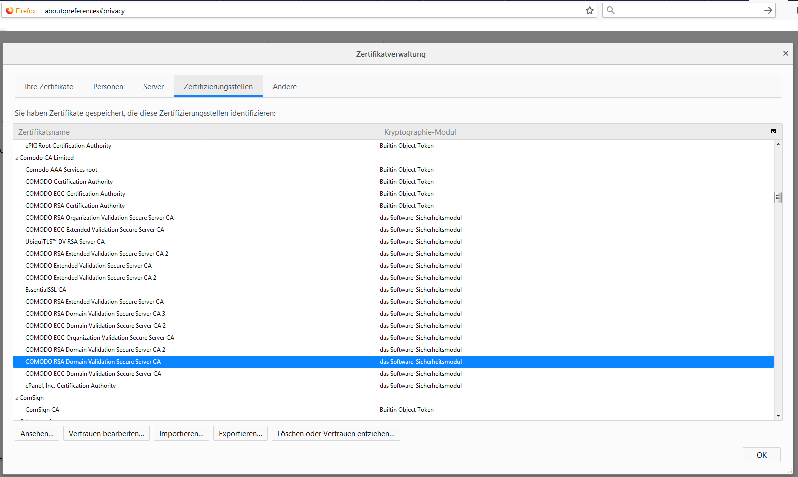 Screenshot of browser's CA certificate store